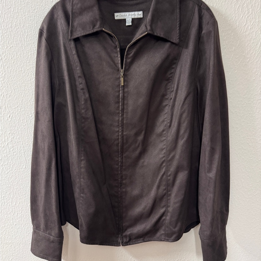 David Brooks Blazer Jacket Size XL Brown Vintage Zippered Faux Suede 80's